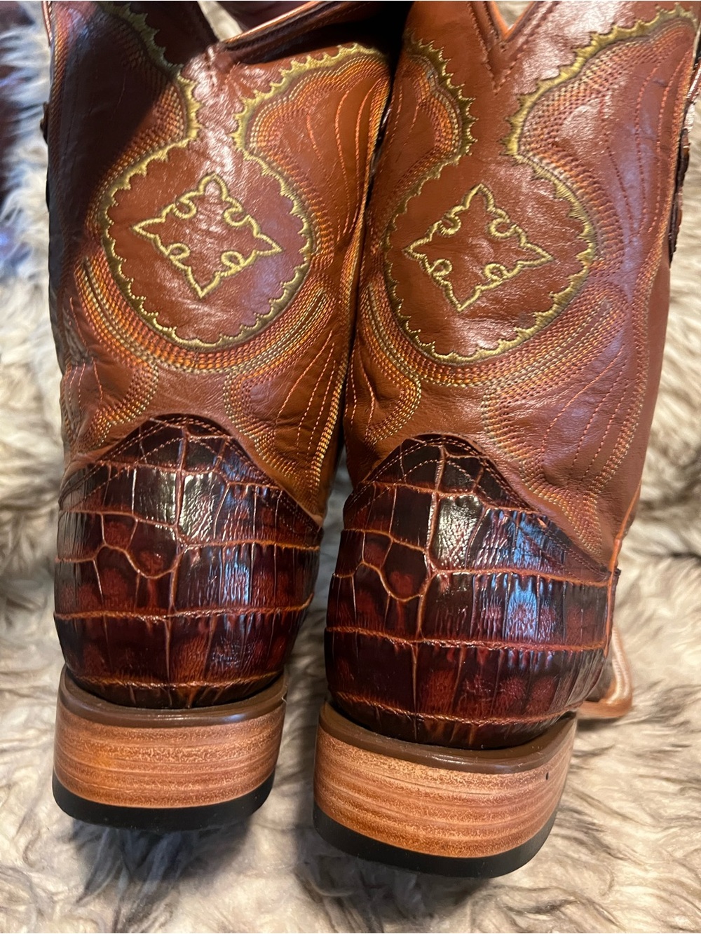 Men's Brown Exotic CAIMAN Print & Leather Western Boots with Embossed Shaft Sz 8 - Picture 9 of 15